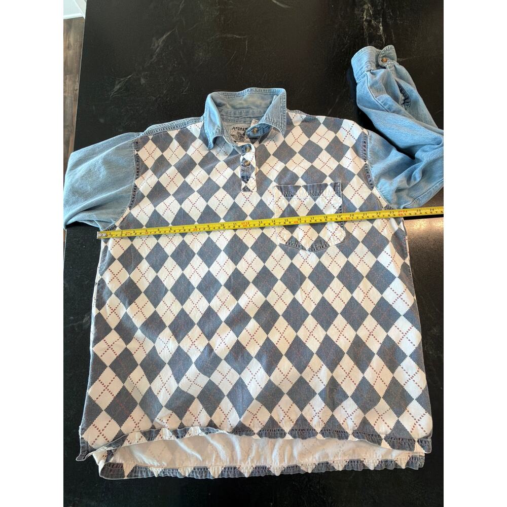 Andrews Blues Denim Patchwork Henley Shirt Cotton Blue Large - Picture 9 of 12